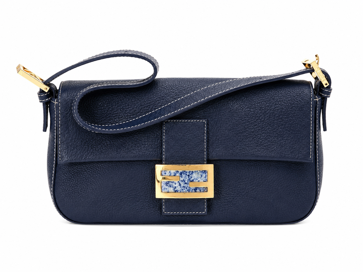 Fendi Baguette Shoulder Bag – Navy Leather with Stone FF Buckle