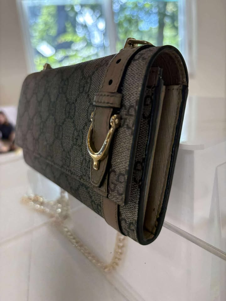 Gucci Brown GG Clasp Wallet with Gold Buckle