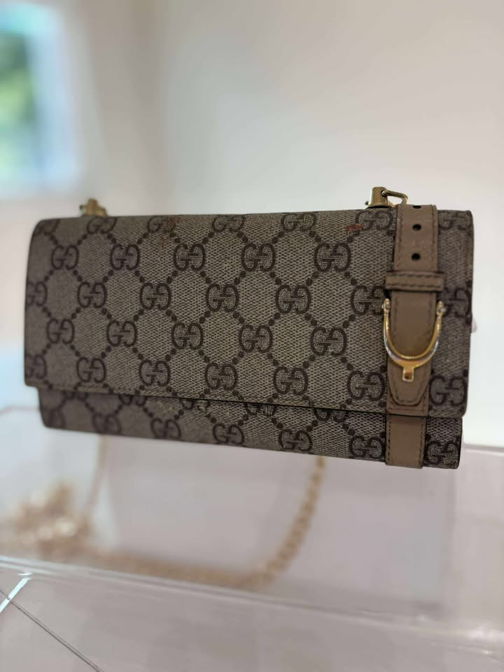 Gucci Brown GG Clasp Wallet with Gold Buckle