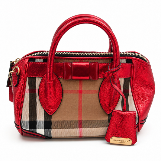 BURBERRY PRORSUM Metallic Red House Check Bowler Satchel