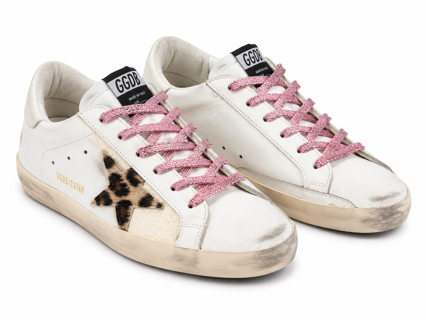 Golden Goose Super-Star Sneakers – White Leather with Leopard Star & Pink Glitter Laces