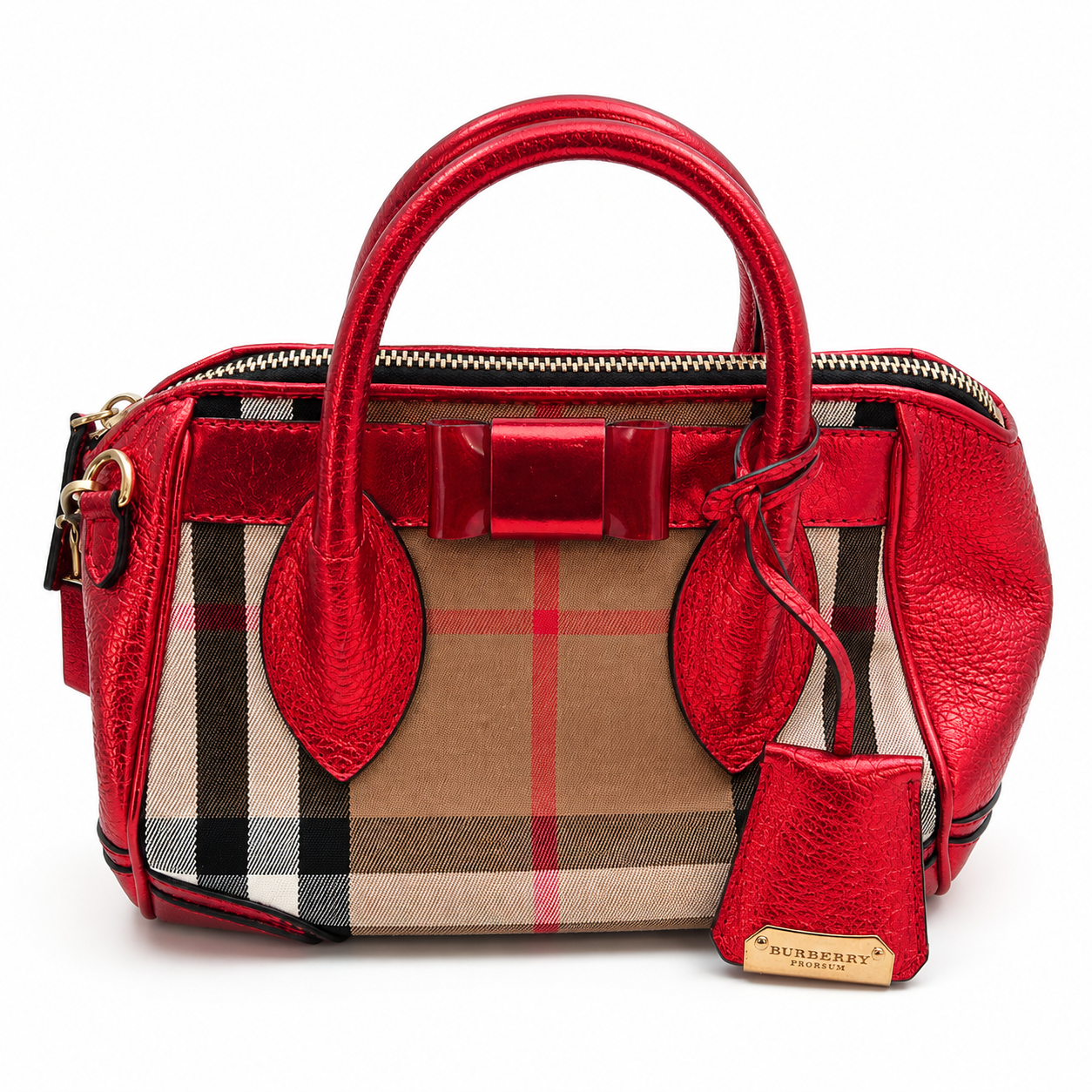31 BURBERRY PRORSUM Metallic Red House Check Bowler Satchel