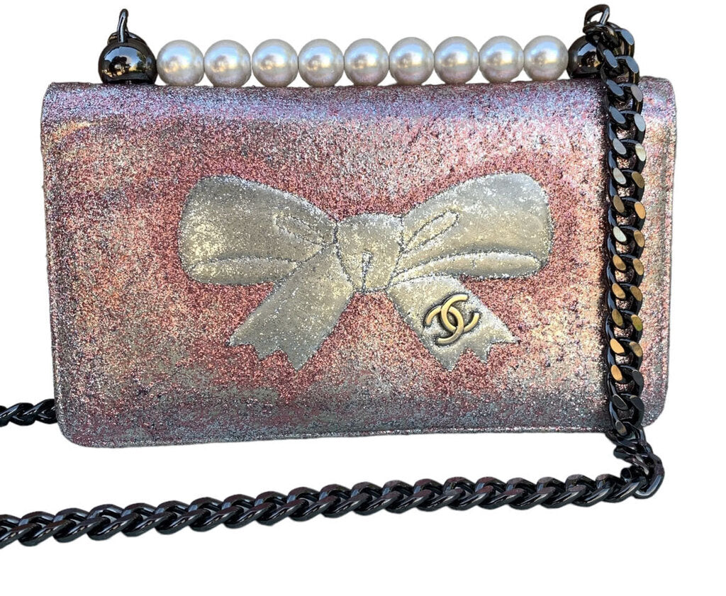 Custom Silver & Pink Glitter CHANEL Bow Bifold Wallet on Chain –  FirstDibsOnline